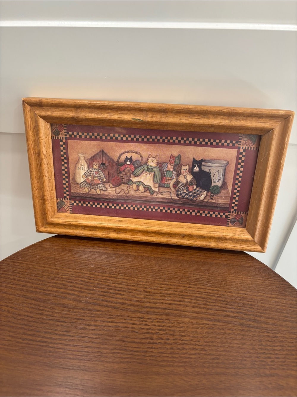 Framed Folk Art Cat Print in Warm Wood Frame - Burgundy Accents